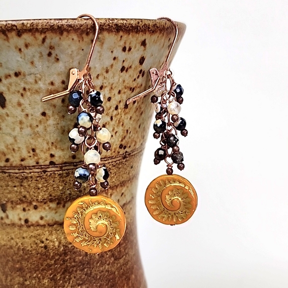 #46 Orange, Gold & Copper Nautilus Shell Long Dangle Earrings,‎ Leverback Hook - Picture 1 of 5